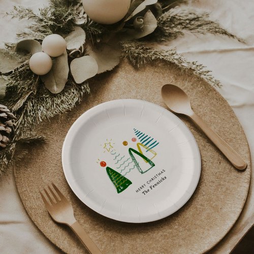 Festive Modern Watercolor Christmas Trees Holiday Paper Plates