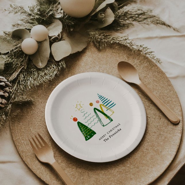 Festive Modern Watercolor Christmas Trees Holiday Paper Plates (Festive watercolor Christmas trees personalized holiday party paper plates.)