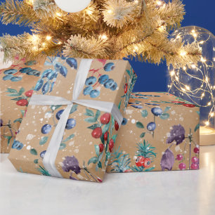 Festive Modern Watercolor Snow Berries Kraft  Wrapping Paper