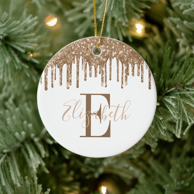 Festive Monogram Gold Glitter Drip  Ceramic Ornament (Tree)