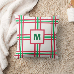 Festive Monogram Modern Red Green Plaid Holiday Throw Pillow