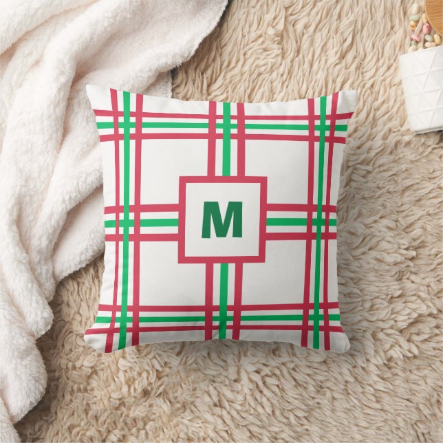 Festive Monogram Modern Red Green Plaid Holiday Throw Pillow (Blanket)