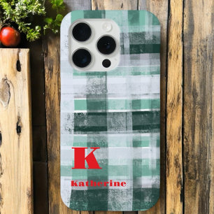 Festive monogram plaid tartan green white red iPhone 15 pro case