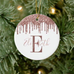 Festive Monogram Rose Gold Glitter Drip Ceramic Ornament