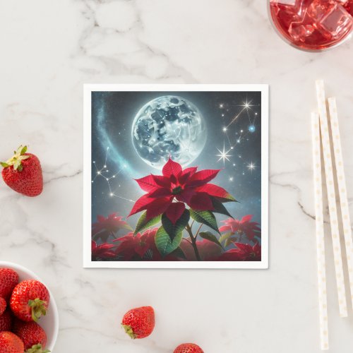 Festive Moonlight Poinsettia Floral Decoupage Napkins