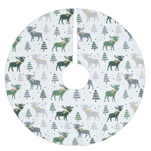 Festive Moose Trees and Snow Christmas Pattern Brushed Polyester Tree Skirt