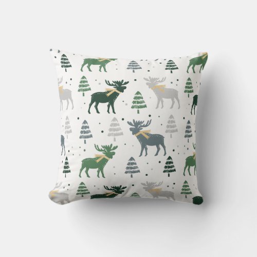 Festive Moose Trees and Snow Christmas Pattern Throw Pillow