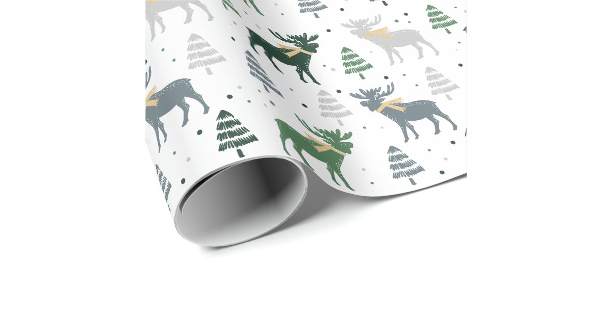 Festive Moose, Trees, and Snow Christmas Pattern Wrapping Paper | Zazzle.com