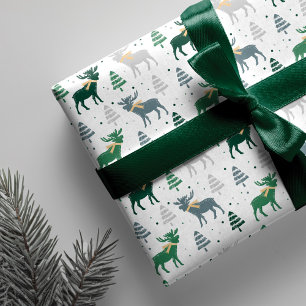 Festive Moose, Trees, and Snow Christmas Pattern Wrapping Paper