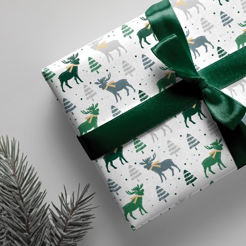 Festive Moose Trees and Snow Christmas Pattern Wrapping Paper