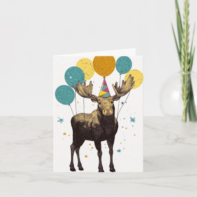 Festive Moose with Balloons Greeting Card (Front)