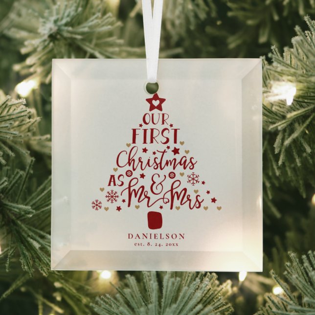 Festive Mr. and Mrs. Newly Weds Christmas Tree  Glass Ornament (Insitu)