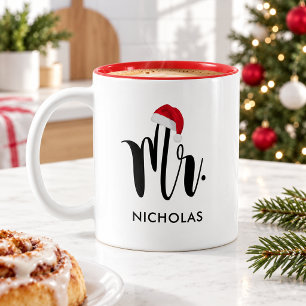 Festive Mr Santa Hat Holiday Monogram Two-Tone Coffee Mug