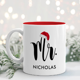 Festive Mr Santa Hat Holiday Monogram Two-Tone Coffee Mug