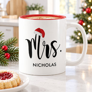 Festive Mrs Santa Hat Holiday Monogram Two-Tone Coffee Mug