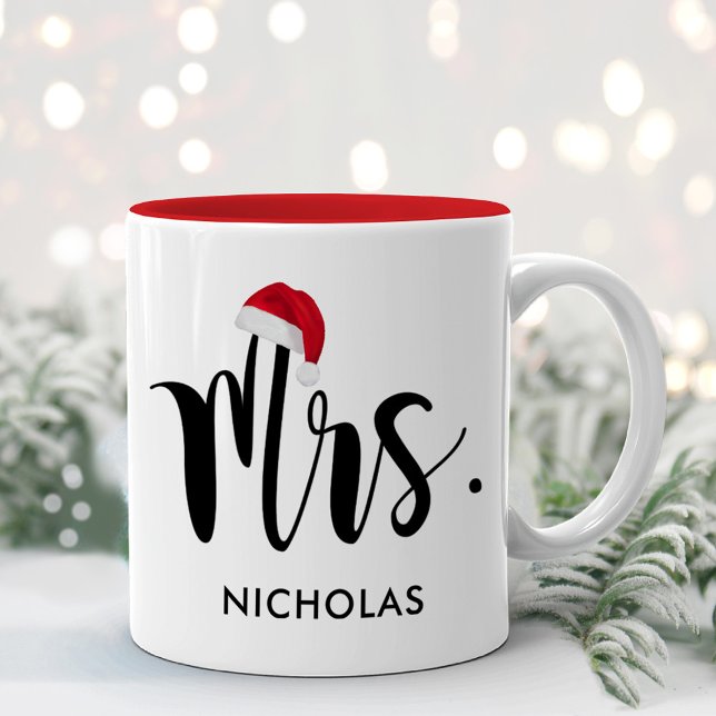 Festive Mrs Santa Hat Holiday Monogram Two-Tone Coffee Mug (Creator Uploaded)