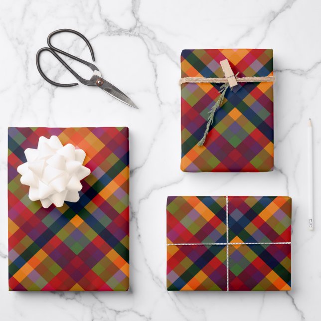 Festive Multicolor Retro Plaid Birthday Christmas Wrapping Paper Sheets (Front)