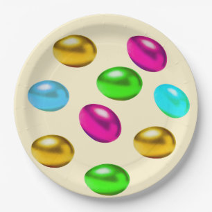Festive Multicolored Easter Eggs on Light Beige Paper Plates