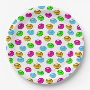 Festive Multicolored Easter Eggs on White Paper Plates