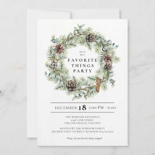 Festive Natural Wreath Holiday Favorite Things  Invitation