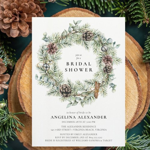 Festive Natural Wreath Winter Bridal Shower  Invitation