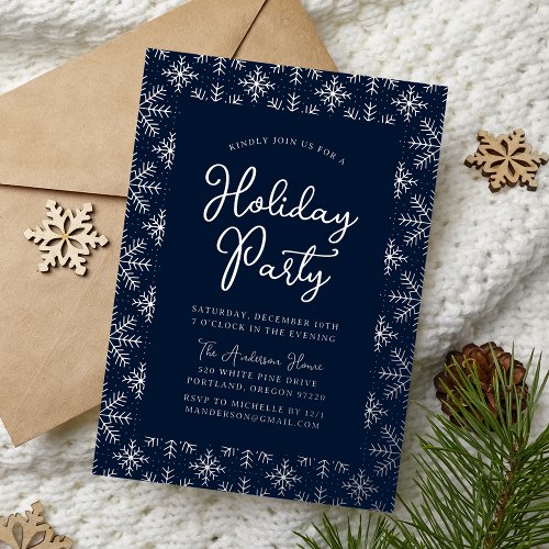 Festive Navy and Silver Snowflakes Holiday Party Foil Invitation