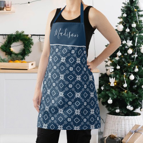 Festive Navy and White Nordic Snowflake Pattern Apron