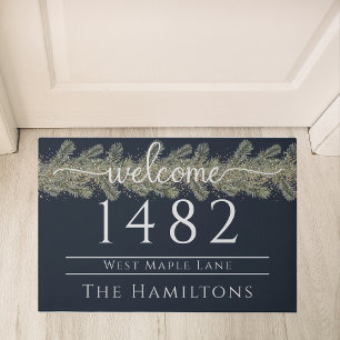 Festive Navy blue family name personalize address Doormat