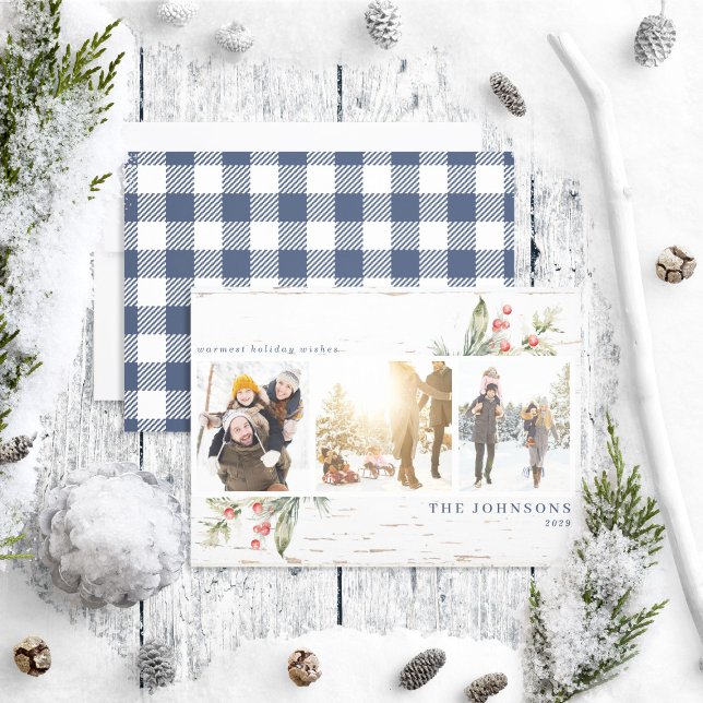 Festive Navy Blue Farmhouse Greenery Photo Collage Holiday Card (Creator Uploaded)