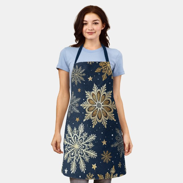 Festive Navy Blue & Gold Snowflake Pattern  Apron (Worn)