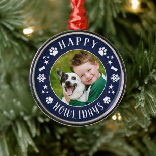 Festive Navy Blue Howlidays Dog Photo Wreath Metal Ornament