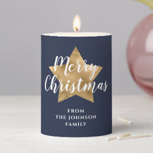 Festive Navy Blue Merry Christmas Pillar Candle
