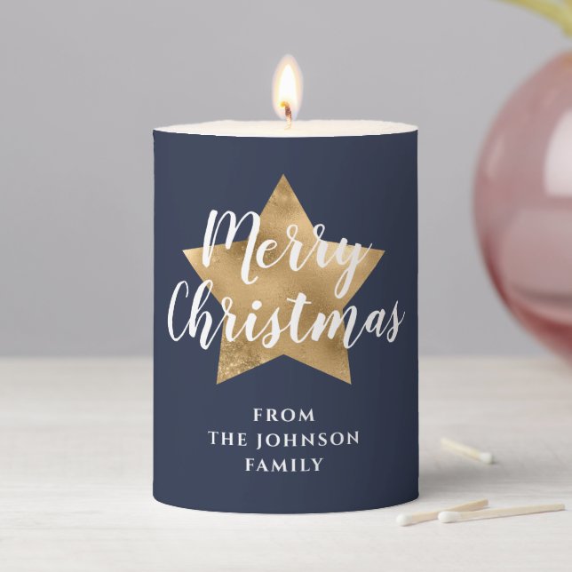 Festive Navy Blue Merry Christmas Pillar Candle (In Situ)