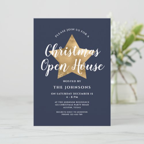 Festive Navy Blue Star Christmas Open House Invitation