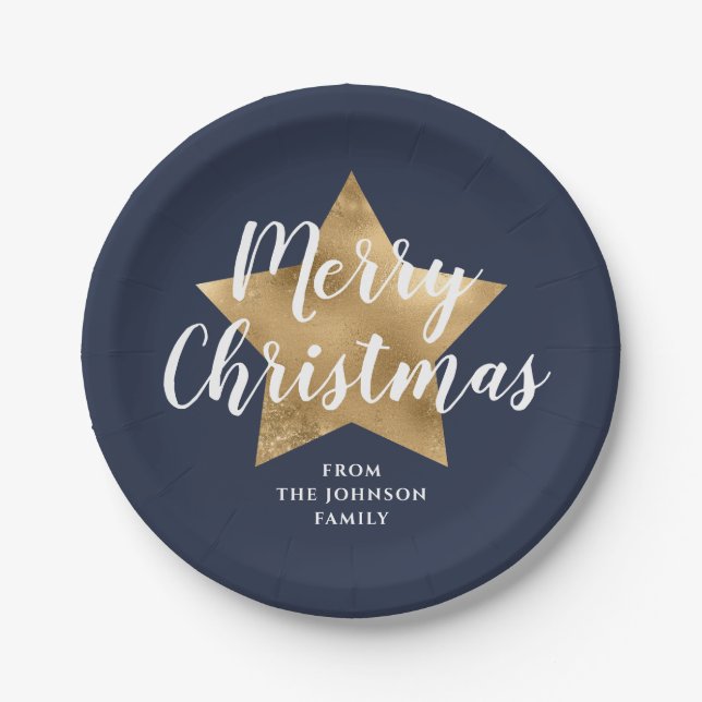 Festive Navy Blue Star Christmas Paper Plates (Front)