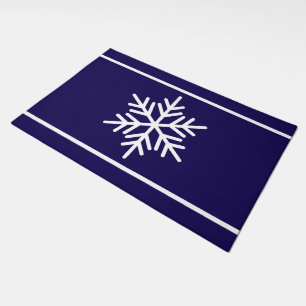 Festive Navy Blue White Nordic Stripes Snowflake Doormat