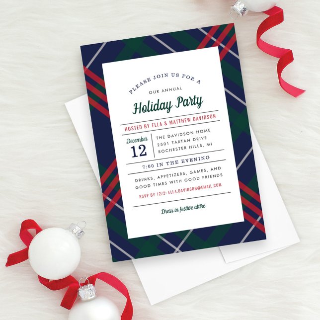 Festive Navy Green Red Tartan Plaid Holiday Party Invitation (Creator Uploaded)