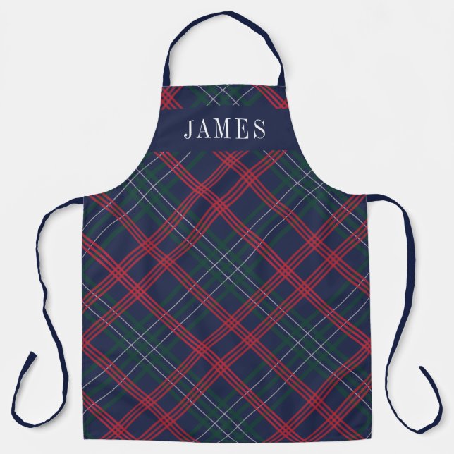 Festive Navy Red Tartan Plaid Monogram Apron (Front)