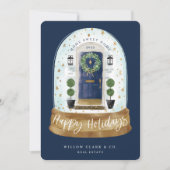 Festive Navy Watercolor Door Snow Globe Business Holiday Card (Front)