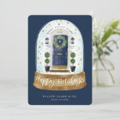 Festive Navy Watercolor Door Snow Globe Business Holiday Card (Standing Front)