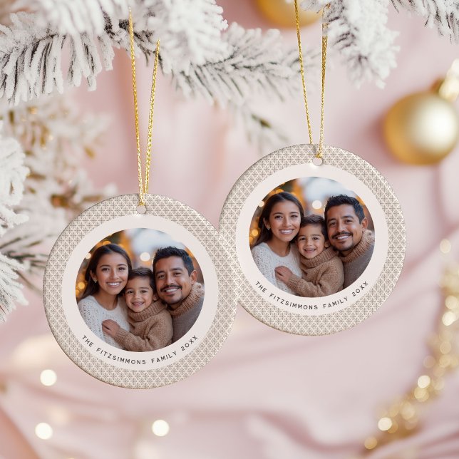 Festive Neutral Scandi Snowflake 2 Sided Photo Ceramic Ornament (Neutral Snowflake Modern Double Sided Christmas Ornament brown)