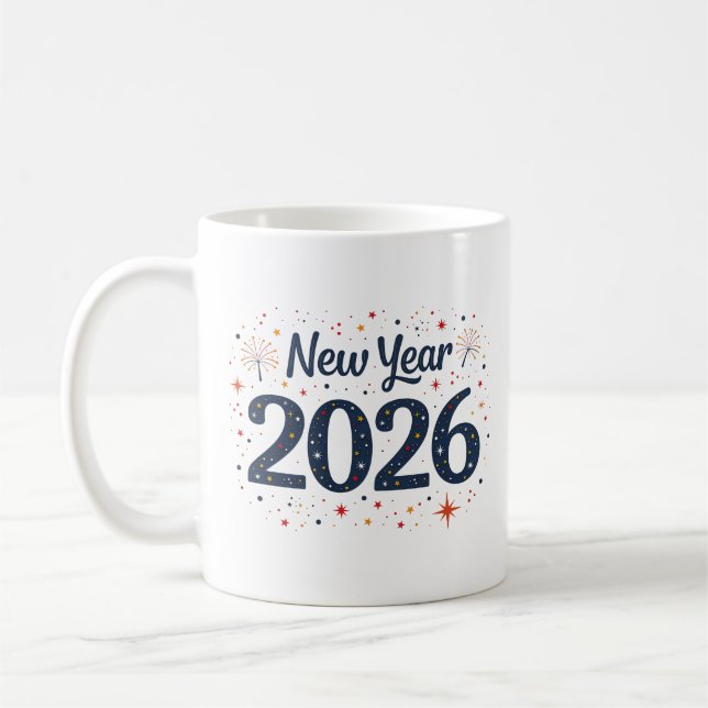 Festive New Year 2026 mug with stars and fireworks (Left)