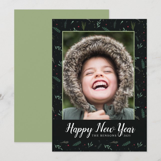 Festive New Year Leaves Berries Photo Card (Front/Back)