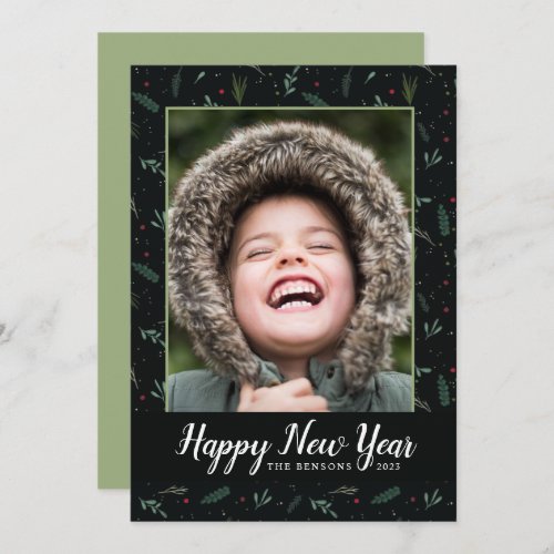 Festive New Year Leaves Berries Photo Card