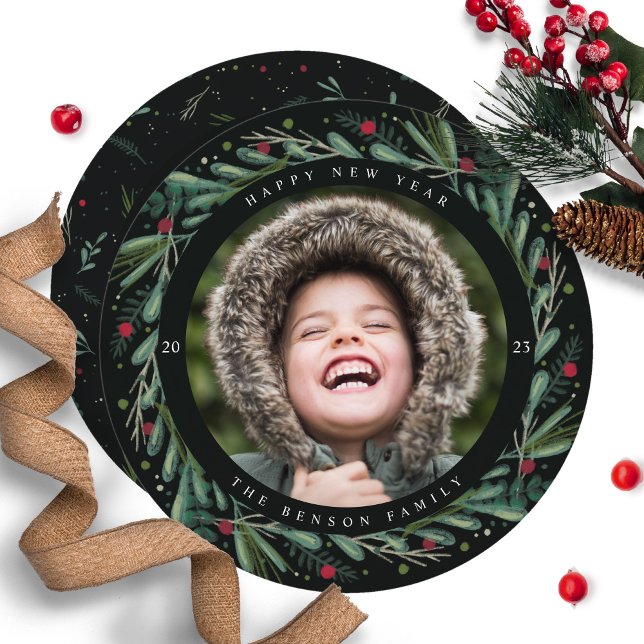 Festive New Year Wreath Leaves Berries Round Card (Creator Uploaded)