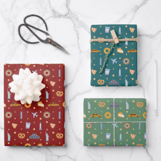 Festive New York City pattern Christmas Red Green Wrapping Paper Sheets