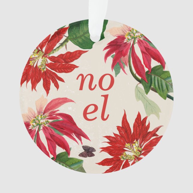 Festive Noel Watercolor Poinsettia Floral  Ornament (Front)