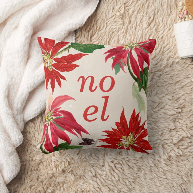 Festive Noel Watercolor Poinsettia Floral  Throw Pillow (Blanket)