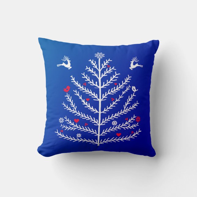 Festive Nordic Christmas Tree Deer Blue Throw Pillow (Front)