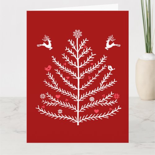 Festive Nordic Christmas Tree Deer Dark Red Card